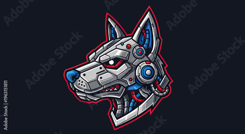 Cybernetic Wolf Head Mascot Illustration, Futuristic Mecha Dog with Robotic Parts and Glowing Eyes for Gaming and E-sports Logo