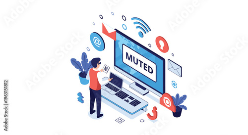 Social media user looks at a computer monitor screen that says muted to illustrate online censorship and communication barriers.