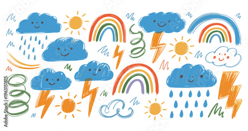 Hand drawn weather doodle set with smiling blue clouds yellow suns colorful rainbows and orange lightning bolts on a white background