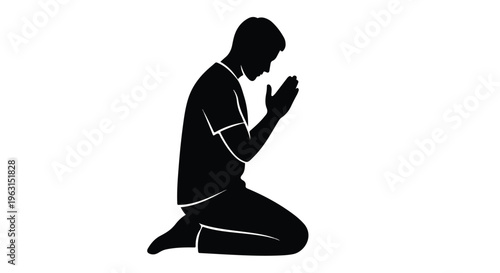 Silhouette of a man kneeling in prayer with hands raised in a simple black and white graphic on a plain background.