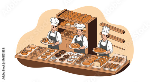 Professional bakers work in an artisanal bakery shop surrounded by a wide variety of fresh bread loaves, buns, and sweet pastries.