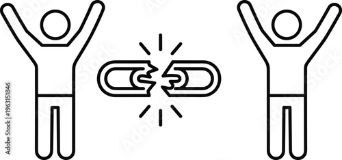 Freedom icon set, broken chain vector, celebration outline figures, liberty symbol, success, liberation, human rights, independence, victory, escape, overcoming barriers.