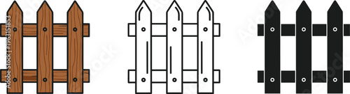 Wooden fence icon set, garden picket vector collection, flat black silhouette, outline, and textured timber symbols for backyard, boundary, protection.