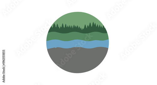 Illustration of a cross-section of earth with forest, water, and ground layers in a circular frame.