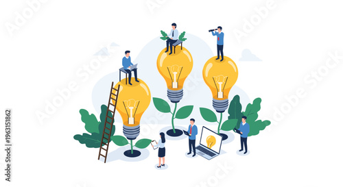 Creative team works on giant lightbulb plants to illustrate the rapid growth of startup ideas and business innovation strategies.