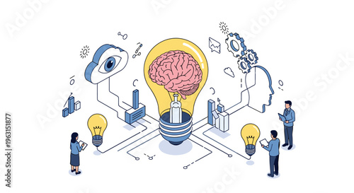 Conceptual diagram shows a human brain inside a giant lightbulb surrounded by data charts and diverse creative people working.