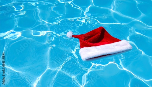 Santa Hat Floating in a Bright Blue Swimming Pool.