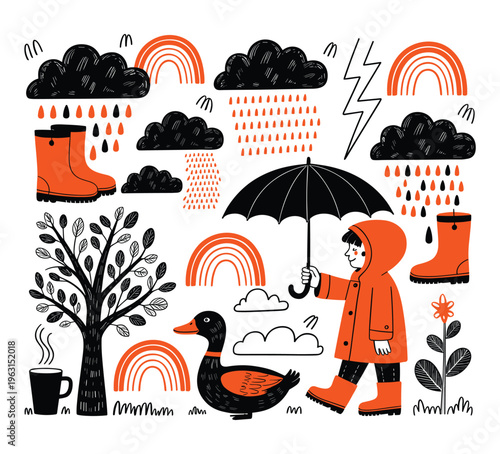 Hand drawn doodle set featuring a child in an orange raincoat holding an umbrella with rain clouds rainbows lightning bolts a duck a tree and rubber boots on a white background