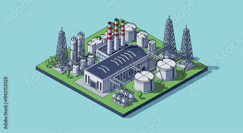 Isometric view of a modern industrial complex featuring an oil refinery, chemical manufacturing plant, and storage tanks.