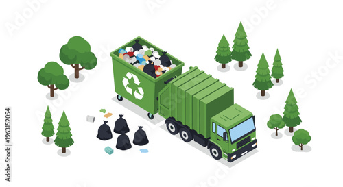 Green garbage truck collects waste from a large recycling bin located in a pine forest to promote environmental protection.
