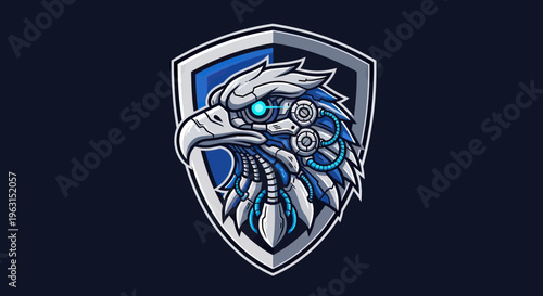 Cybernetic Eagle Mascot Logo Design, Robotic Bird of Prey Head Shield Emblem for Gaming and Esports