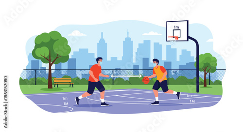 Two young men wearing protective face masks play basketball in an urban park while maintaining social distancing guidelines.