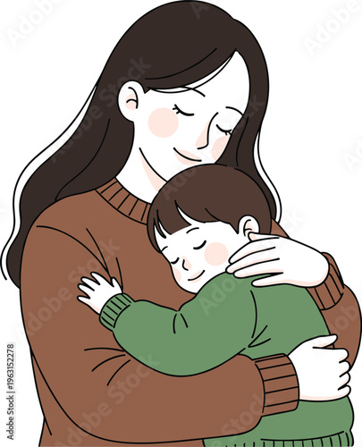 A heart-warming flat vector illustration of a mother gently hugging her sleeping toddler, symbolizing maternal love, parental care, family bonding, and peaceful childhood moments.