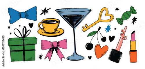 Hand drawn doodle set featuring a blue bowtie a yellow coffee cup a martini glass a golden heart key a green gift box a pink bow cherries a heart shape and a lipstick on a white background