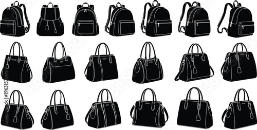 Black and white silhouette icon collection of various backpacks and women handbags, representing fashion accessories, retail shopping, travel gear, and modern lifestyle concepts.