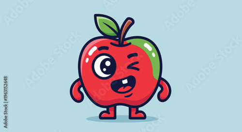Cartoon apple character smiling and winking on light blue background