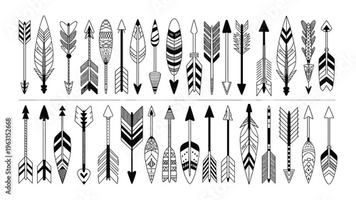 Set of hand drawn tribal arrows with various geometric patterns and feather fletching in black and white ink style