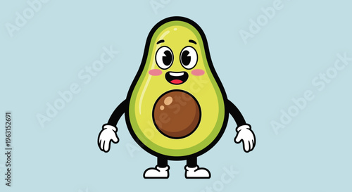 Cartoon avocado character with smiling face arms and legs on blue backdrop
