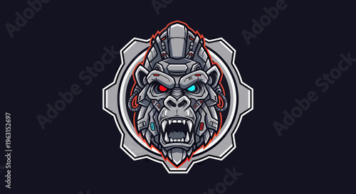Cybernetic Gorilla Mascot Logo Design, Futuristic Mecha Ape Head Illustration with Robotic Armor and Glowing Eyes for Esports or Gaming