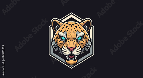 Futuristic Cybernetic Leopard Head Mascot Logo Design with Mechanical Armor and Glowing Eyes