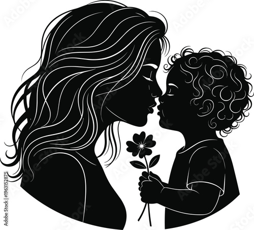 Black and white silhouette illustration of a mother and her curly-haired child sharing a gentle kiss while holding a flower, representing maternal love, care, and family bonding.