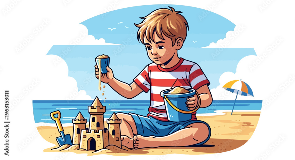 Naklejka premium Boy playing with sand building a castle on a beach