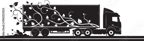 Black truck with vines and leaves on side panel driving on road