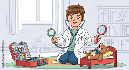 Boy playing doctor examining teddy bear with stethoscope and kit
