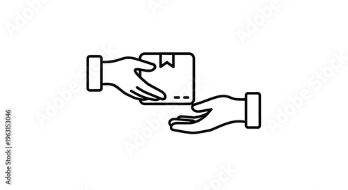 Two hands exchanging a card depicted in a simple linear silhouette