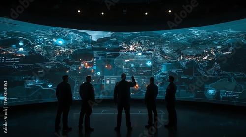 Men Working on Large Screen Display in Modern Control Room