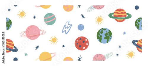 Seamless pattern with hand drawn colorful planets stars and suns on a white background featuring various celestial bodies with rings and craters in a flat style