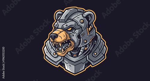 Cybernetic Grizzly Bear Head Robot Mascot, Mechanical Armored Bear Illustration for Esport Logo and Gaming Profile