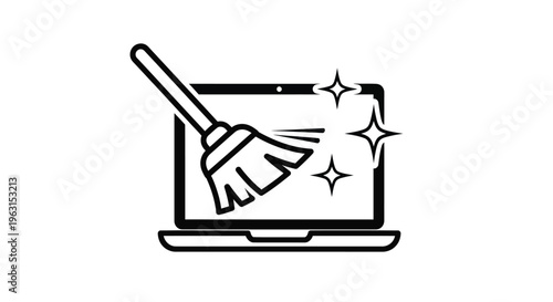 Vector graphic illustration of a broom cleaning a laptop screen with sparkles