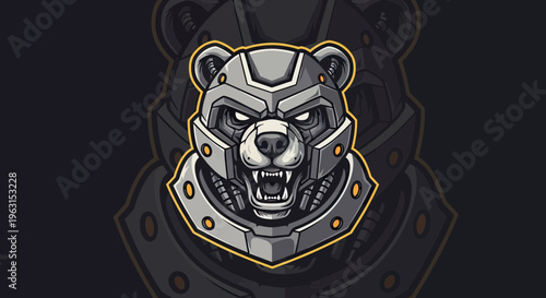 Robotic Grizzly Bear Mascot Logo, Cybernetic Armored Bear Head for Gaming and Esports Team, Vector Illustration