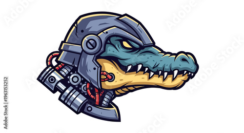 Cyborg Crocodile Head Mascot Vector Illustration, Futuristic Robotic Alligator Character with Armor and Mechanical Details