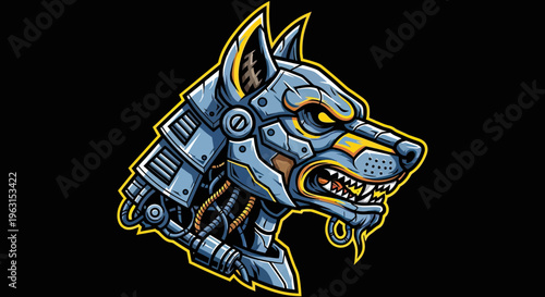 Cybernetic Wolf Head Mascot Vector Illustration, Robotic Dog with Metal Armor and Snarling Jaw for Esports Logo and Futuristic Tech Branding