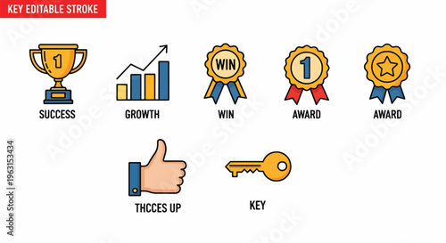 Business success and achievement icons with awards and thumbs up gesture