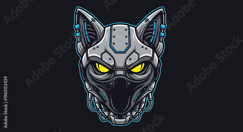 Futuristic Cyberpunk Mecha Cat Head Illustration with Glowing Yellow Eyes and Robotic Armor