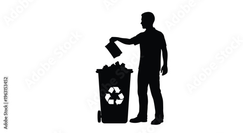 Man in black silhouette throwing paper into a recycling bin with a recycling symbol on it