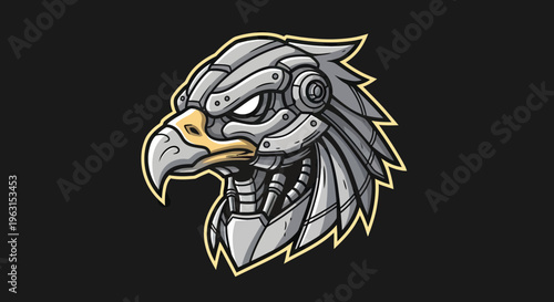 Cybernetic robotic eagle head mascot logo vector illustration, mechanical falcon bird of prey with metallic armor plating and futuristic technology details
