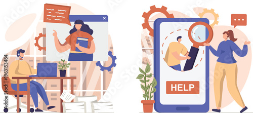 People seeking assistance through technology and communication tools in modern work environments