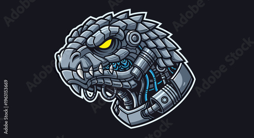Cybernetic Mecha Kaiju Monster Head Mascot Logo, Futuristic Robotic Dinosaur Illustration