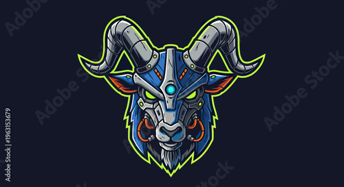 Cybernetic Goat Head Mascot with Mechanical Horns and Futuristic Armor, Vector Illustration for Esports and Gaming Logo Design