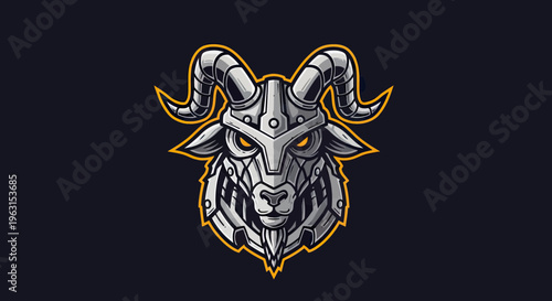 Cyborg Ram Head Mascot Illustration, Robotic Goat with Metallic Armor and Glowing Eyes for Gaming and E-sports Design