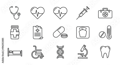 Medical icons and instruments displayed in a simple black silhouette