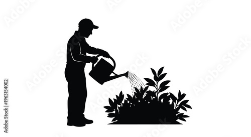Silhouette of a man watering plants with a watering can in a garden setting outdoors