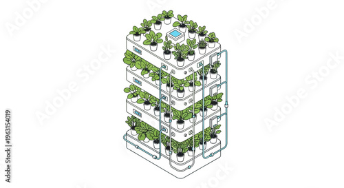 Vertical farm with green plants growing.