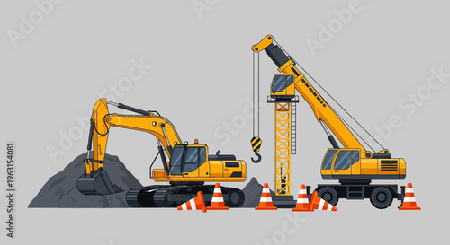 Yellow construction excavator and crane trucks.
