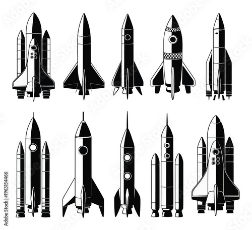 Collection of Black and White Rocket and Space Shuttle Silhouettes