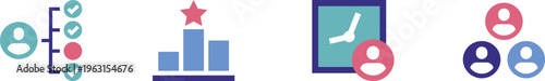 Four icons representing user engagement, performance metrics, feedback submission, and team collaboration concepts respectively